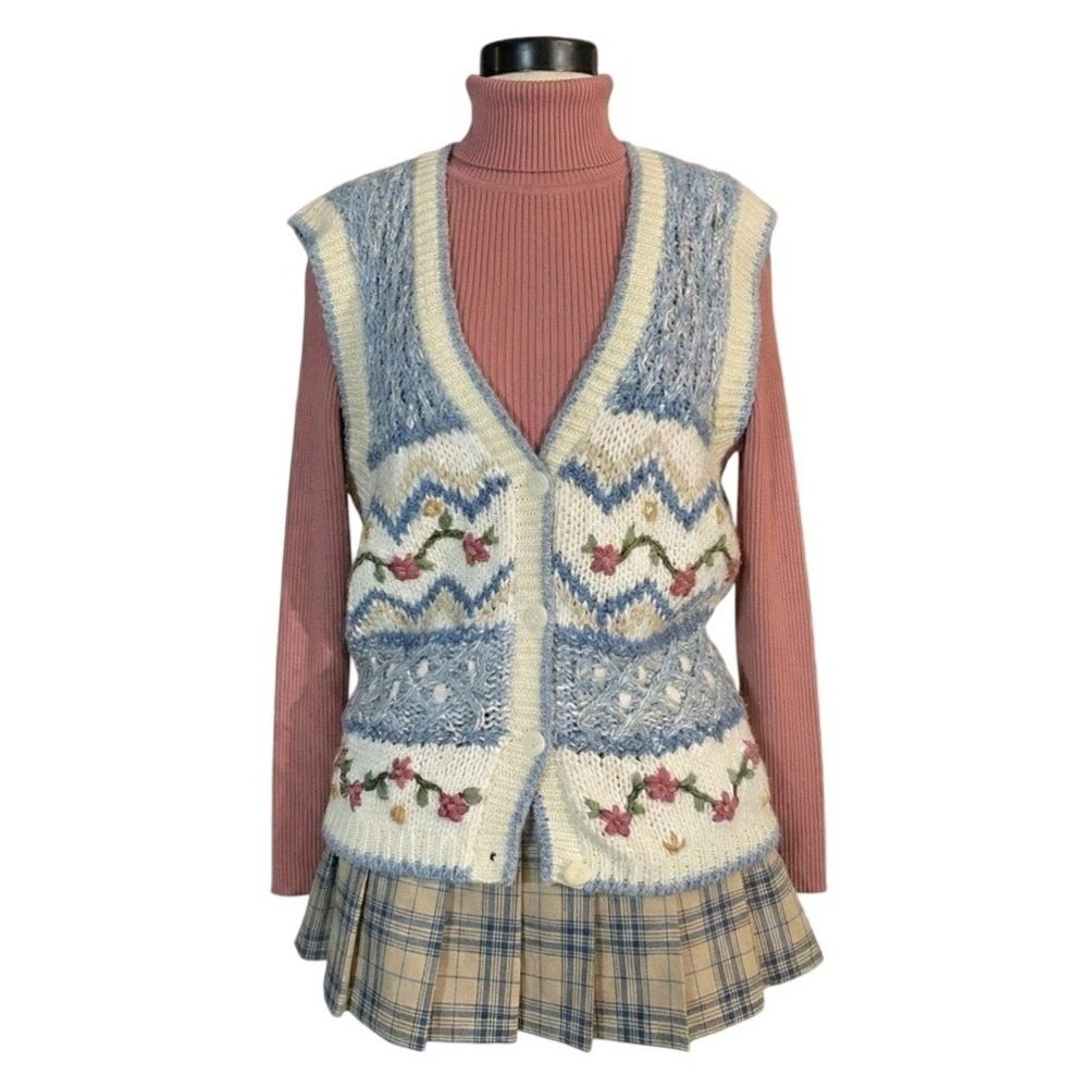 Cottagecore Vintage Hand Knitted Floral Sweater Vest Large Coastal Grandma